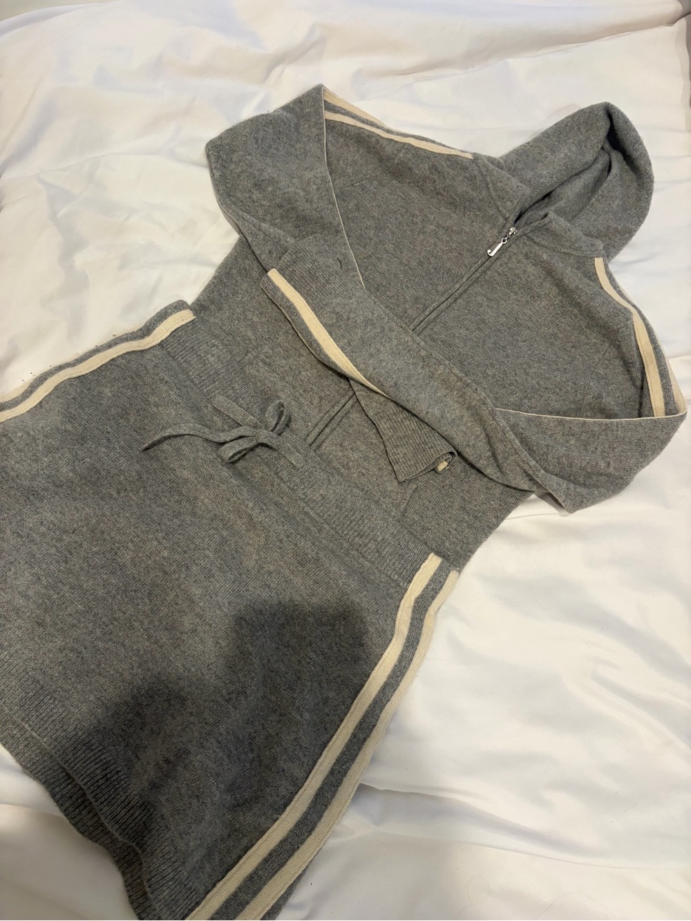Vintage 100% cashmere Juicy Couture Gray skirt and jacket with Cream Trim